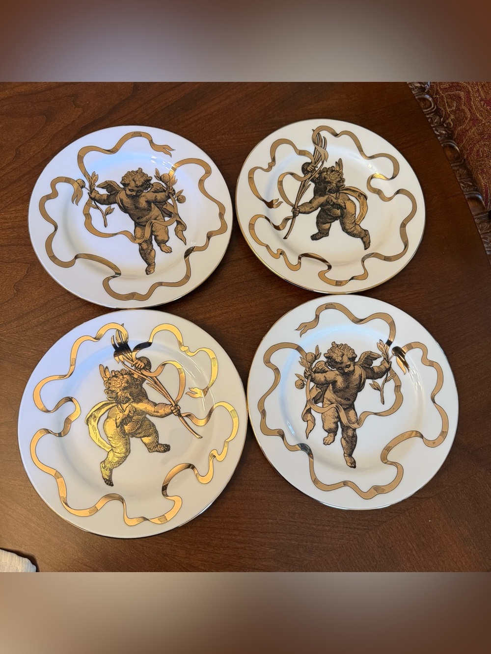 4 AMC N.Y. N.Y. 8.25” Gilt Cupid Cherub Salad Dessert Plates w/ Gold Scroll Trim